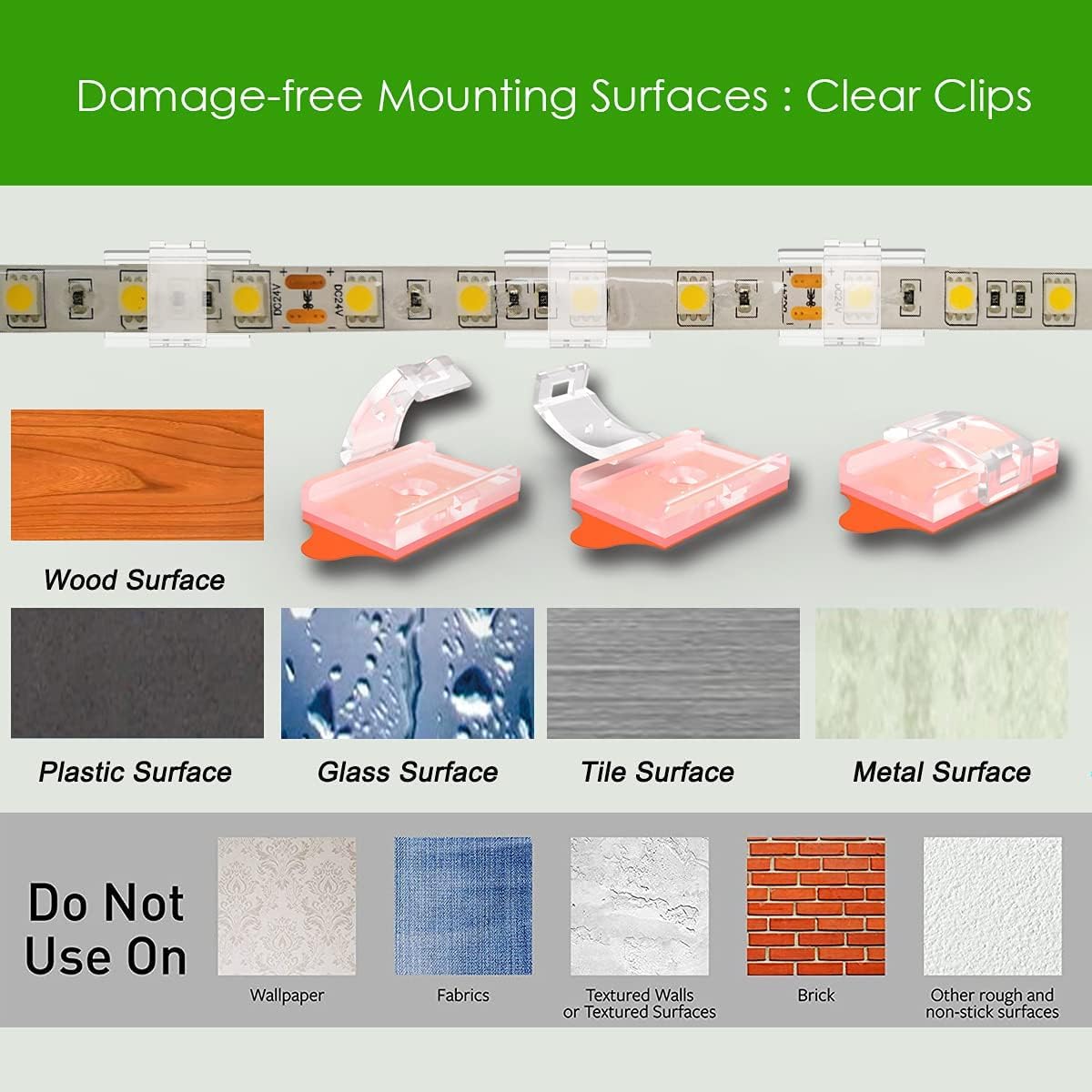 ATB Self-Adhesive LED Strip Clips for Skylight Edges and Ceiling Cove Lighting, Clear Mounting Brackets for a Clean Modern Aesthetic, 100 Pack