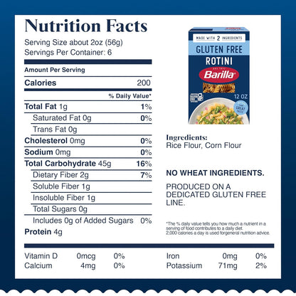 Barilla Gluten Free Rotini Pasta, 12 oz - Two-Ingredient Pantry Essential for Simplified Meal Routines