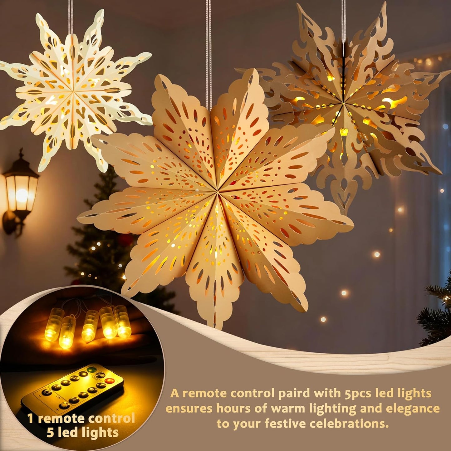 Battery-Operated Star Lanterns with Remote On/Off – No Open Flame, No Wax Drips, Safe for Christmas Tree and Bedroom Sleep