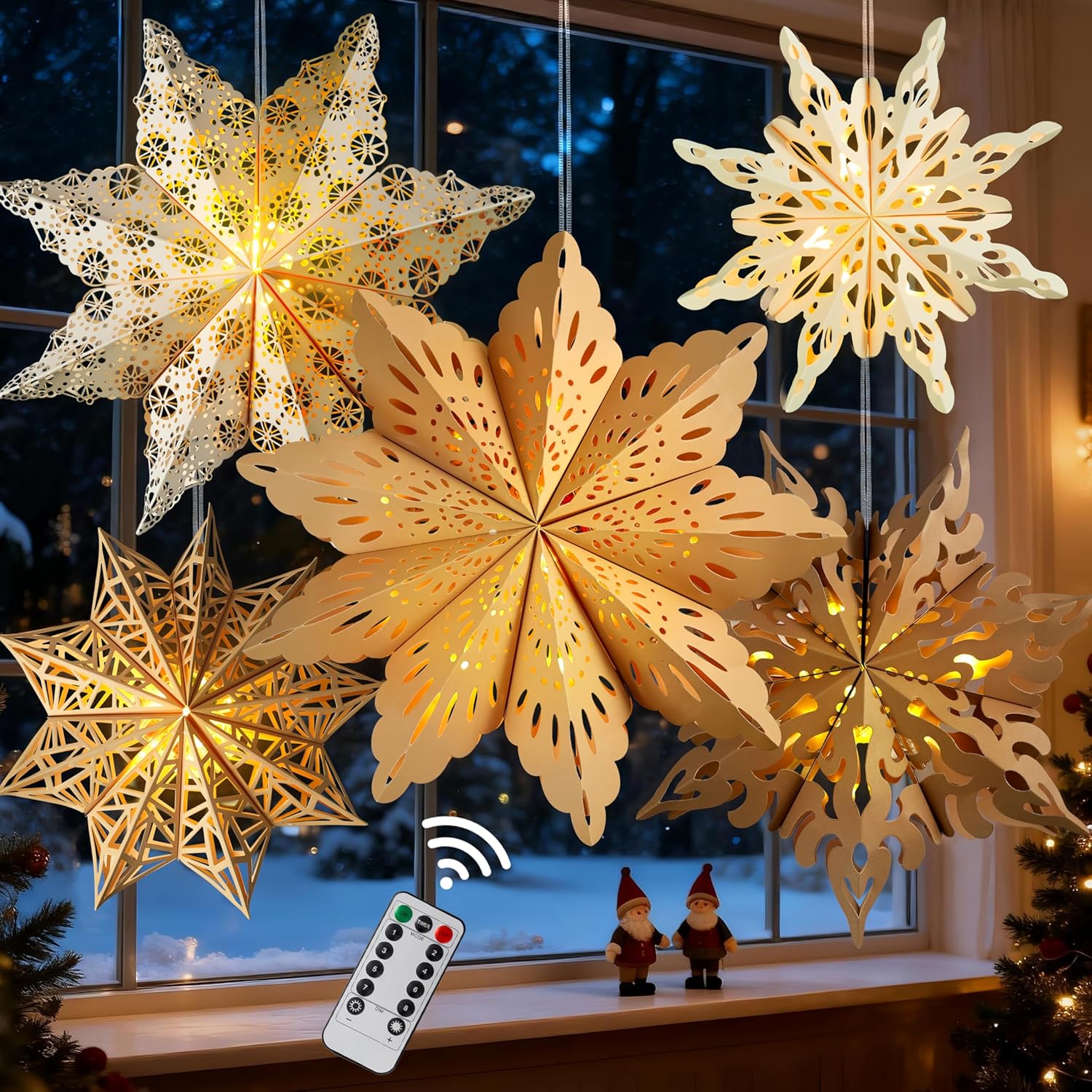 Battery-Operated Star Lanterns with Remote On/Off – No Open Flame, No Wax Drips, Safe for Christmas Tree and Bedroom Sleep