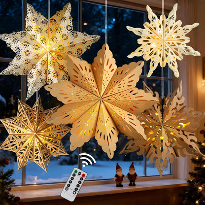 Battery-Operated Star Lanterns with Remote On/Off – No Open Flame, No Wax Drips, Safe for Christmas Tree and Bedroom Sleep