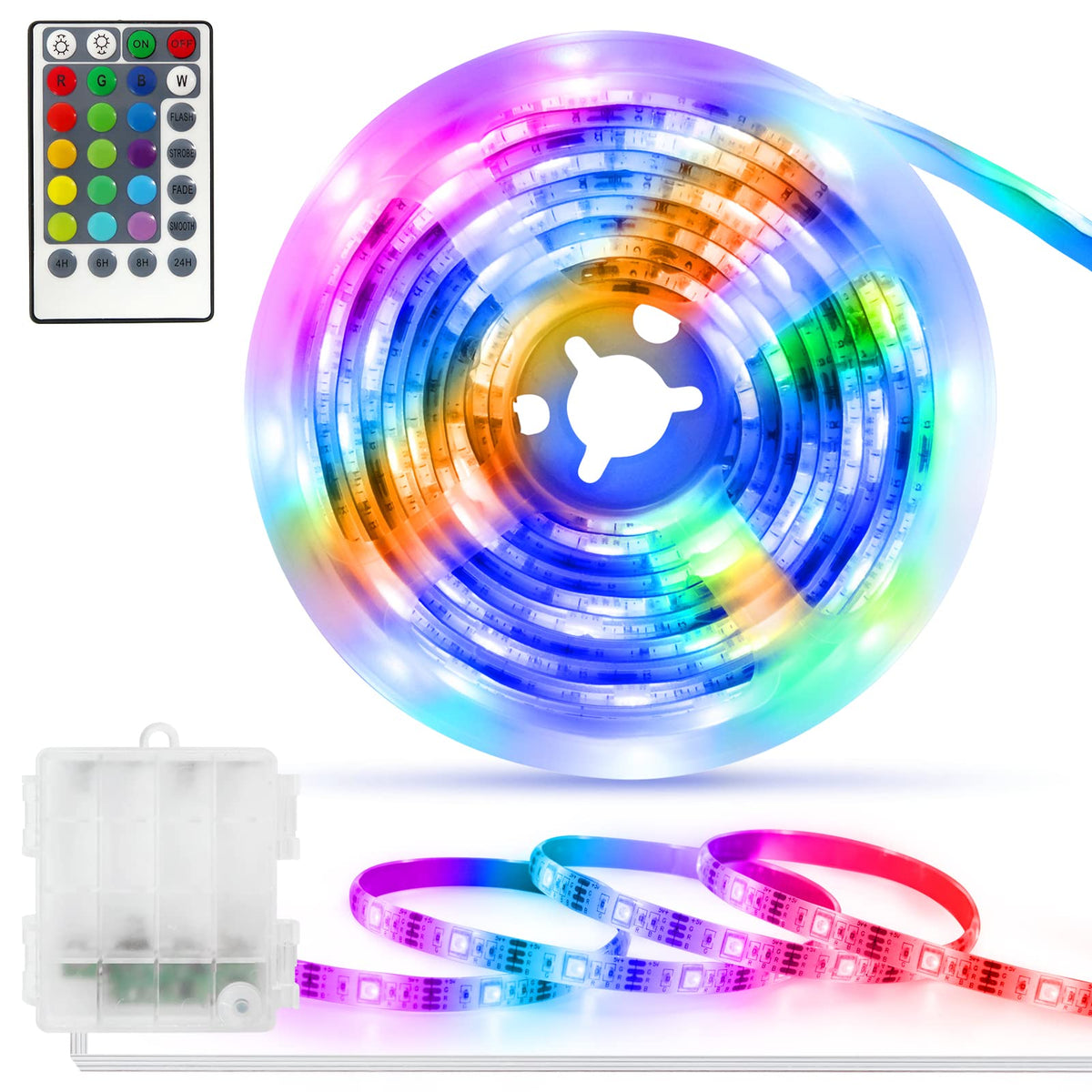 Battery Powered LED Strip Lights RGB, 60 LED 5050 Color Changing TV Backlights with 28-Key Remote Control, Cuttable Outdoor Strip Lights 6.6 Ft Self-adhesive DIY Lights for Skcteboard Bedroom Decor