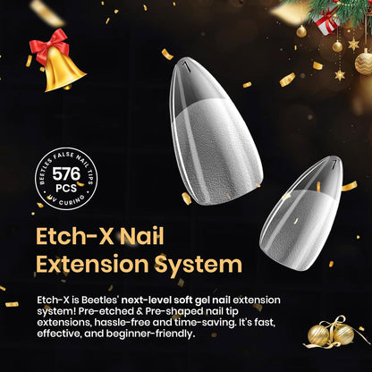 Beetles Gel Nail Tips 576Pcs Pre-shape Short Almond Etch-X Nail Tips – Luxury Nail Art Investment, Pre-Shaped Almond Tips with Seamless Slim Edges