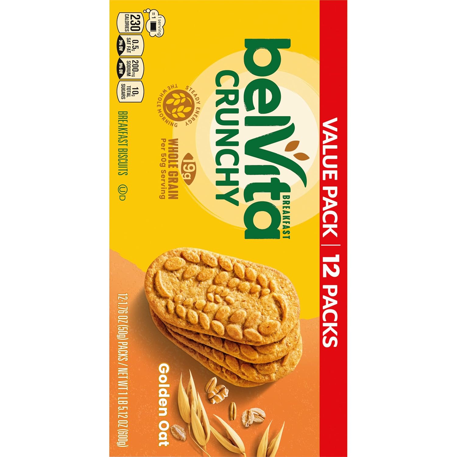 belVita Golden Oat Biscuits 12-Count Box — Cholesterol-Free, Kosher Whole Grain Fuel for Gym Bag and Pantry