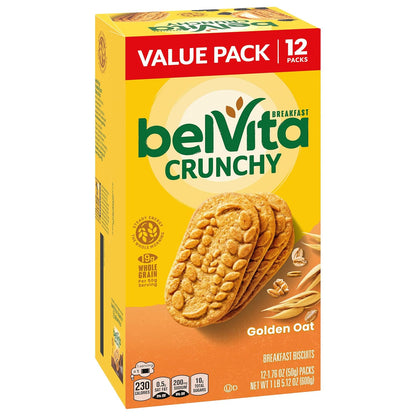 belVita Golden Oat Biscuits 12-Count Box — Cholesterol-Free, Kosher Whole Grain Fuel for Gym Bag and Pantry