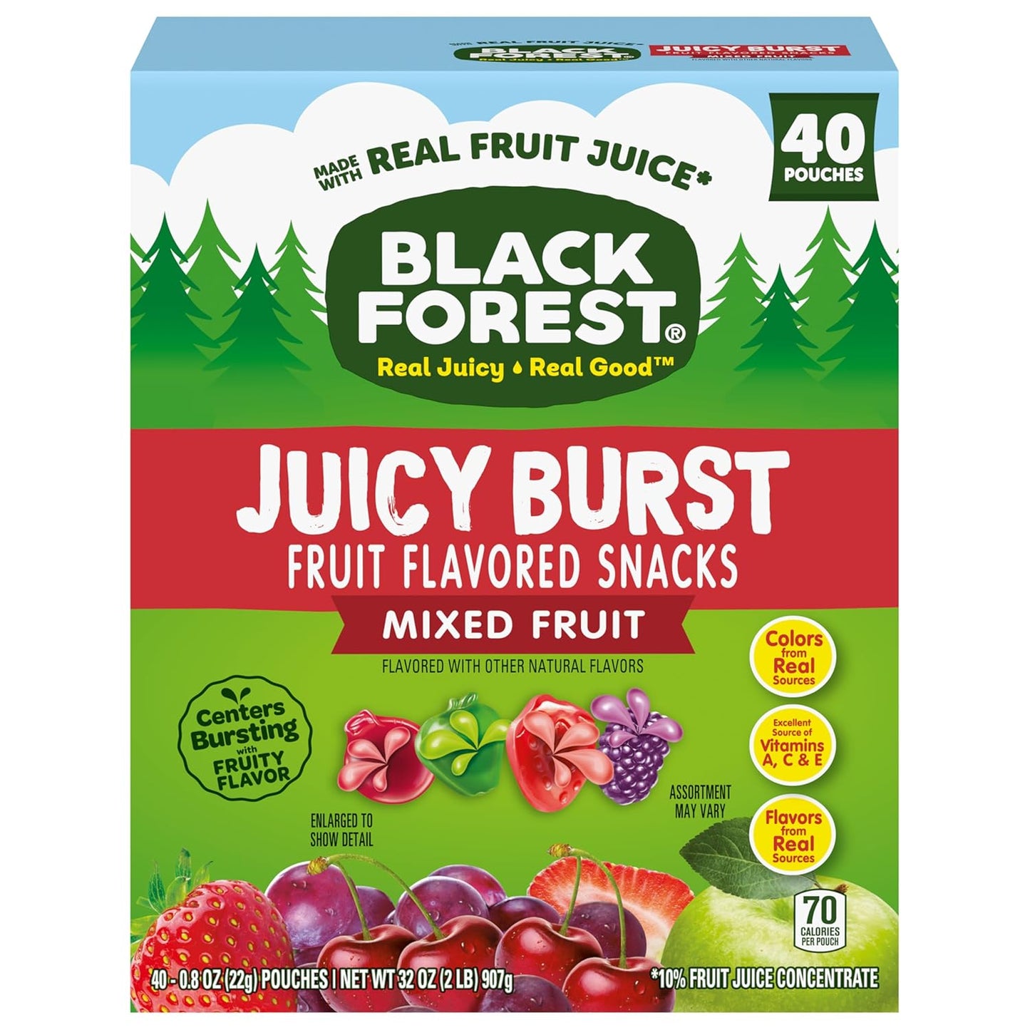 Black Forest Juicy Burst Mess-Free Snacks for Hiking and Airports – Individually Wrapped Gummy Pouches, 40 Count