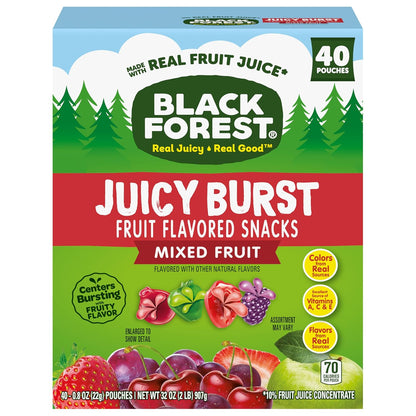 Black Forest Juicy Burst Mess-Free Snacks for Hiking and Airports – Individually Wrapped Gummy Pouches, 40 Count