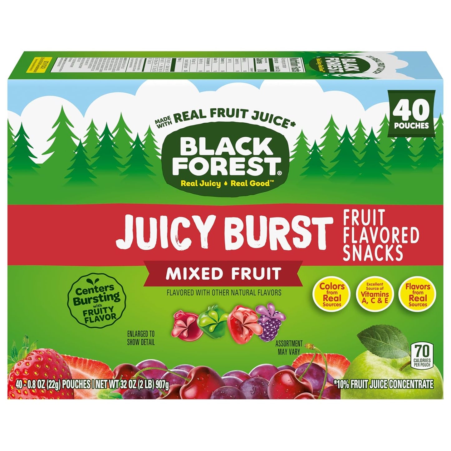 Black Forest Juicy Burst Mess-Free Snacks for Hiking and Airports – Individually Wrapped Gummy Pouches, 40 Count