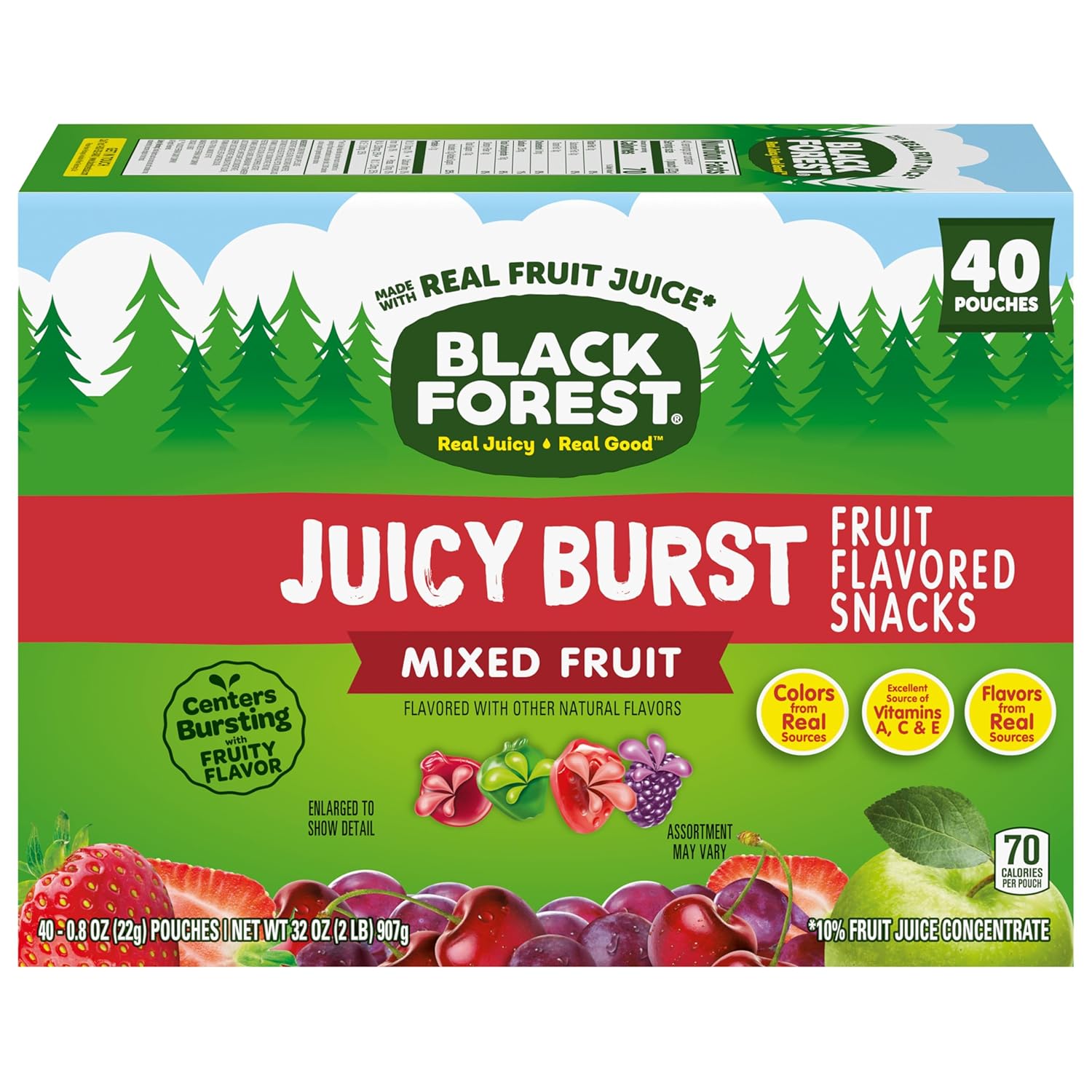 Black Forest Juicy Burst Mess-Free Snacks for Hiking and Airports – Individually Wrapped Gummy Pouches, 40 Count