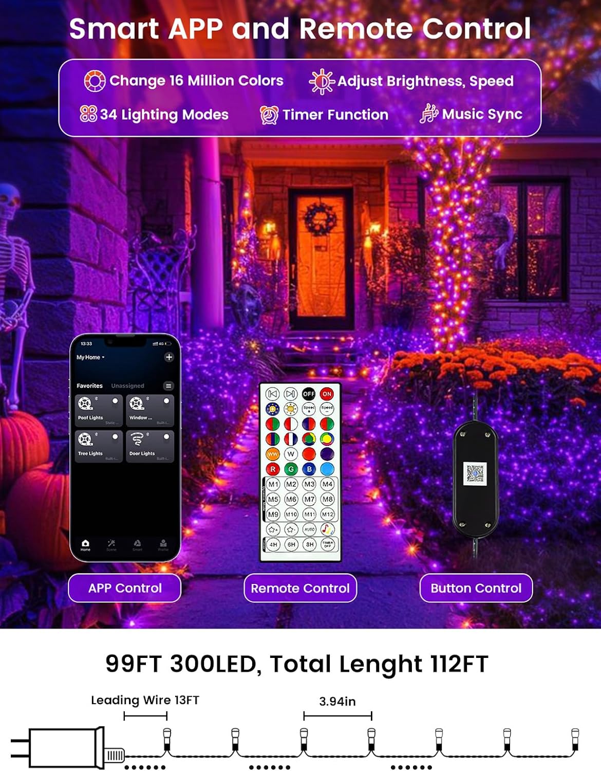 bluetooth app control plus ir remote for color, brightness, speed, effects, and grouping