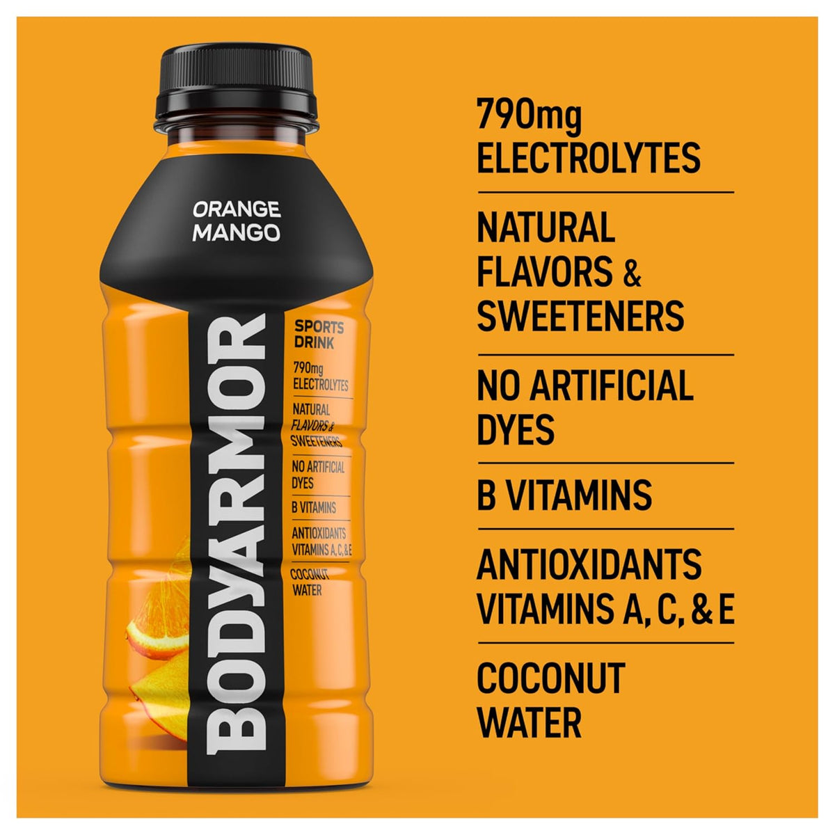 BODYARMOR Orange Mango Beverage – Family-Stock Electrolyte Bottles for Summer Camp and Practice, Pack of 12