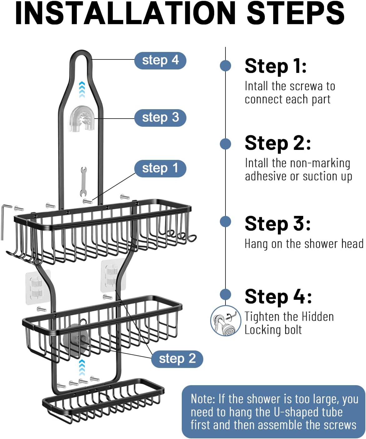 [Brand] No-Drill Shower Caddy for Rental Bathrooms, Adhesive Pads Protect Tile and Walls