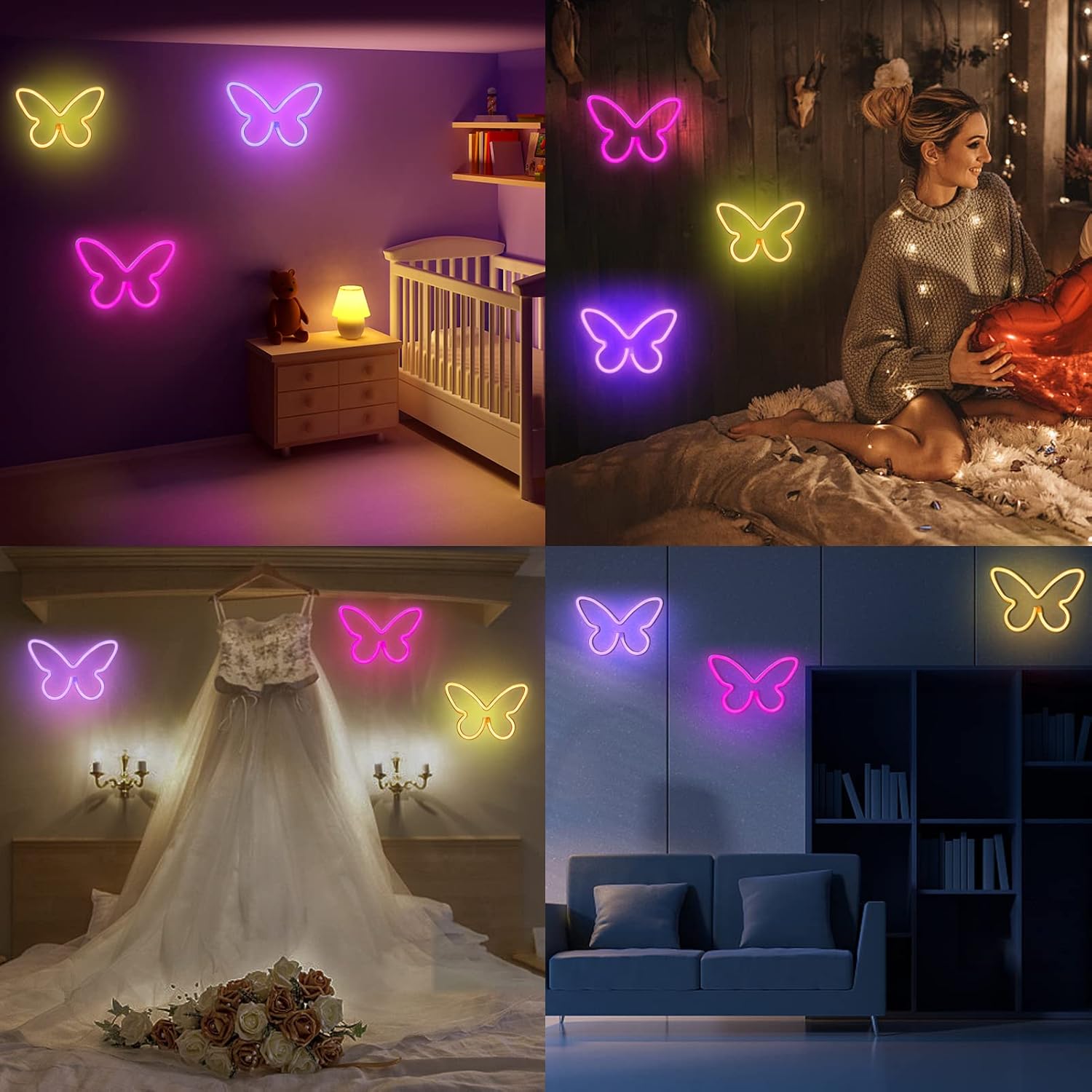 BRIGHTDECK Pastel Butterfly Neon Light Set – Vanity Area and Reading Nook Decor, Lightweight PVC LED Signs for Small Wall Spaces