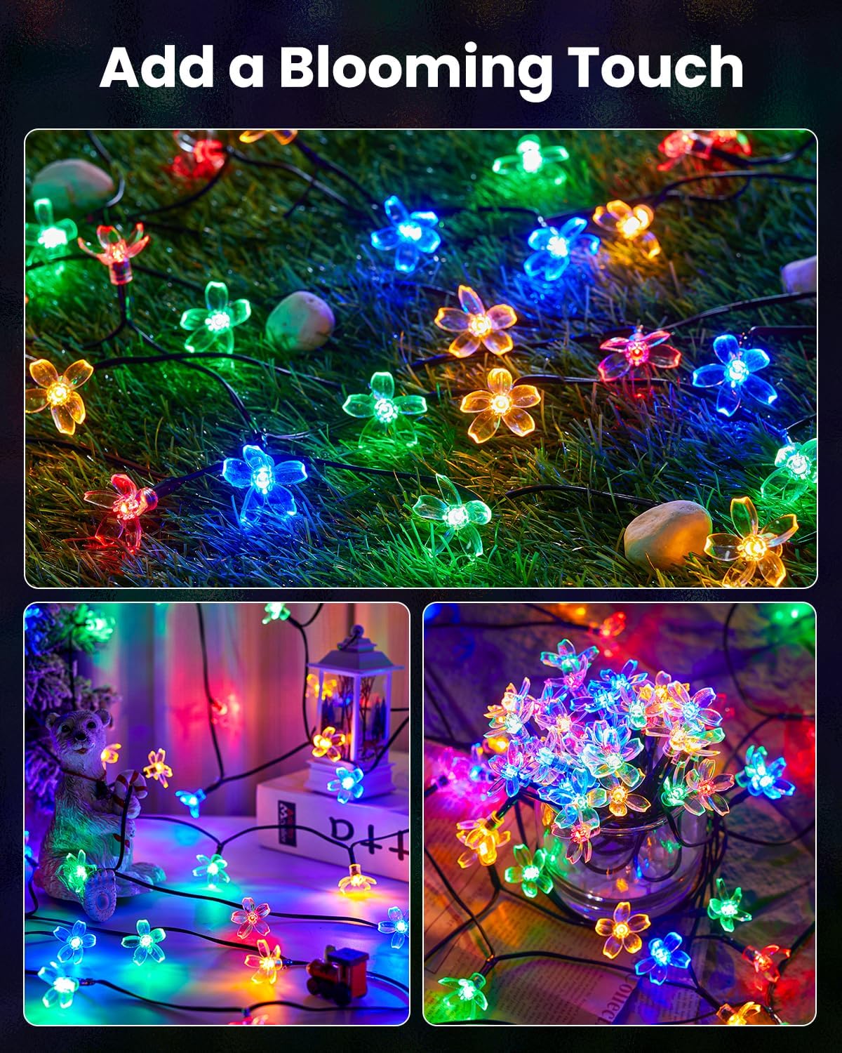 Brightown 60 LED Solar Flower Lights – Durable IP65 Waterproof Hanging Lights for Patio, Pergola, and Garden Pathways