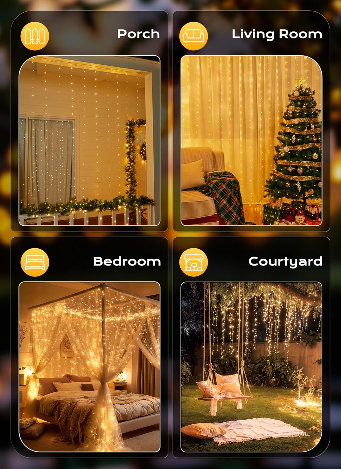 Brightown Warm White 300 LED Curtain Lights IP44 Weatherproof USB Plug, Outdoor Party Wall and Patio Dining Decor with 8 Modes Timer Remote