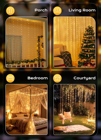 Brightown Warm White 300 LED Curtain Lights IP44 Weatherproof USB Plug, Outdoor Party Wall and Patio Dining Decor with 8 Modes Timer Remote