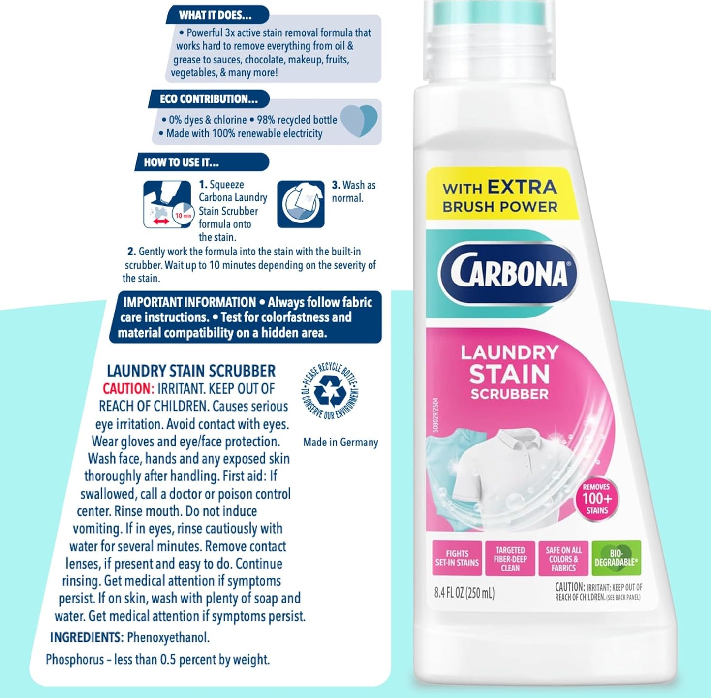 Carbona Laundry Stain Scrubber & Remover – Family-Safe Stain Remover for Kids' Room Wardrobe, Formula and Baby Food Pre-Treat