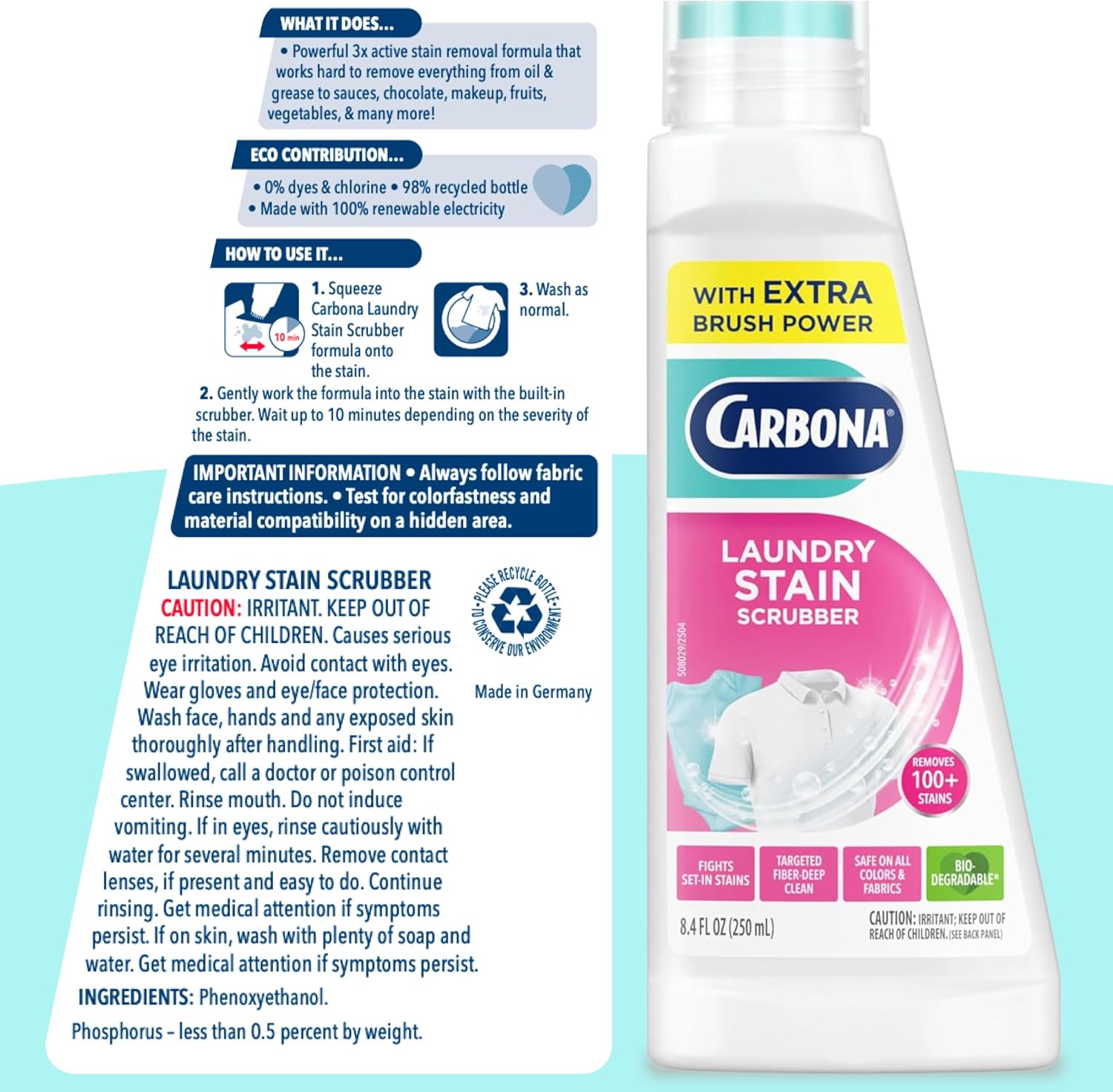 Carbona Laundry Stain Scrubber & Remover – Family-Safe Stain Remover for Kids' Room Wardrobe, Formula and Baby Food Pre-Treat