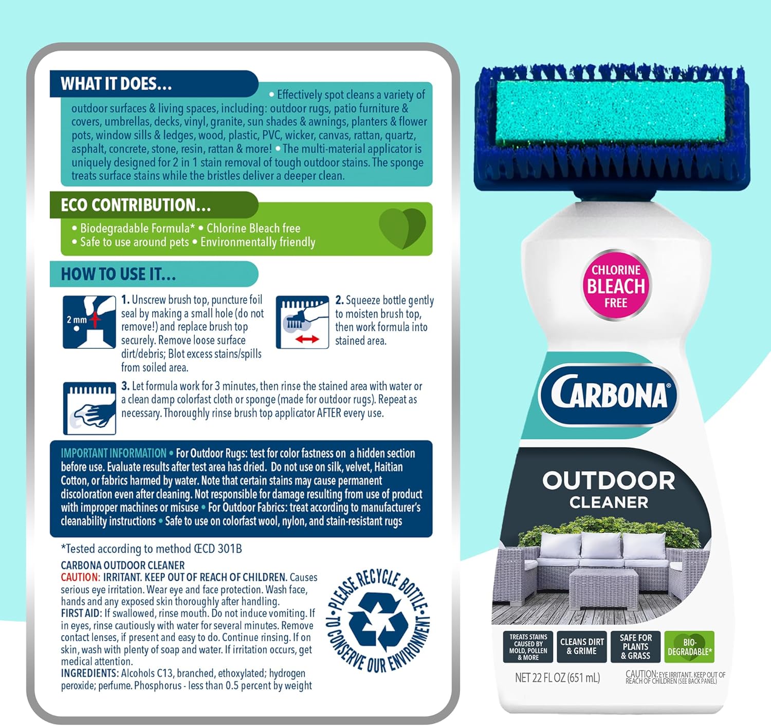 Carbona Oxy Powered Outdoor Cleaner with Built-In Brush (22 Fl Oz) – Nursery-Adjacent Backyard & Play Equipment Spot Cleaner, No Chlorine