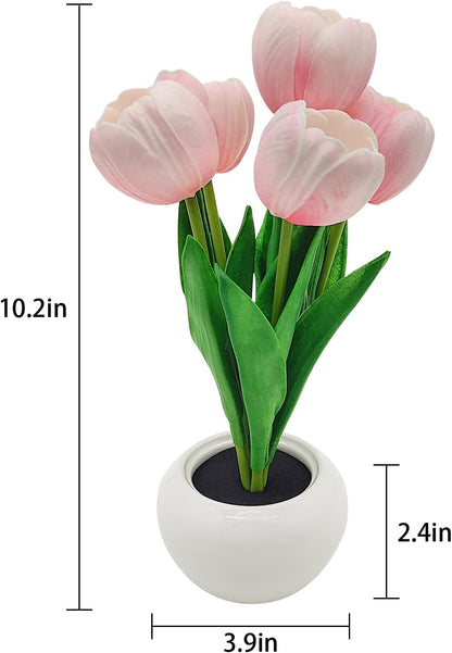 Ceramic Flowerpot LED Lamp – Pink Tulip Decor for Dining Table, Mantel, and Feminine Room Styling
