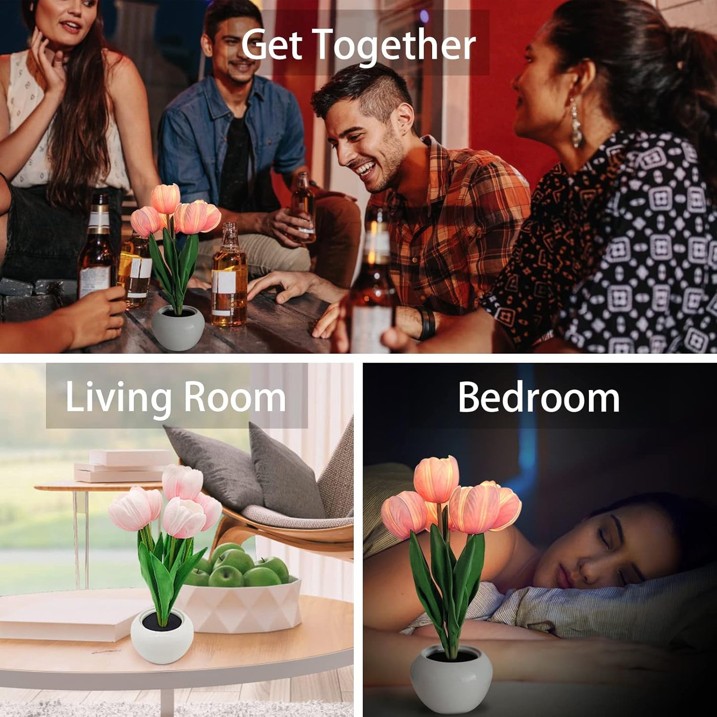 Ceramic Flowerpot LED Lamp – Pink Tulip Decor for Dining Table, Mantel, and Feminine Room Styling