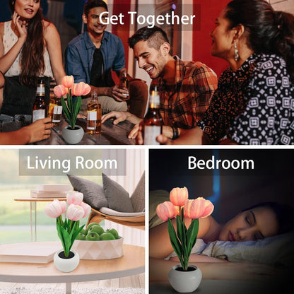 Ceramic Flowerpot LED Lamp – Pink Tulip Decor for Dining Table, Mantel, and Feminine Room Styling