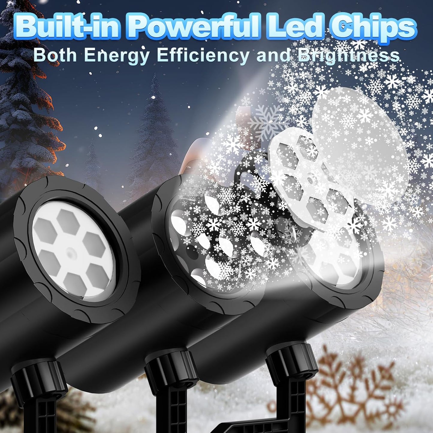 CertiSafe Triple Head Snow Projector with CE ROHS UL PSE Approvals, Cool-to-Touch LED Holiday Lighting for Family Friendly Winter Decor