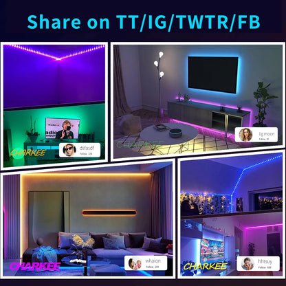 CHARKEE LED Lights for Bedroom and TV Backlight, 25ft 50ft 100ft RGB Strip with Music Sync, Modern Home Accent Lighting for Walls Ceilings and Desks