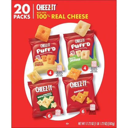 Cheez-It Cheese Crackers, Baked Snack Crackers, Holiday Snack Gift for Teachers, Neighbors, and Coworkers, 17.72oz Box (20 Pouches)