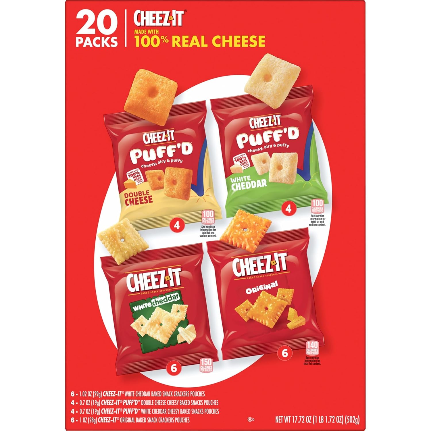 Cheez-It Cheese Crackers, Baked Snack Crackers, Holiday Snack Gift for Teachers, Neighbors, and Coworkers, 17.72oz Box (20 Pouches)