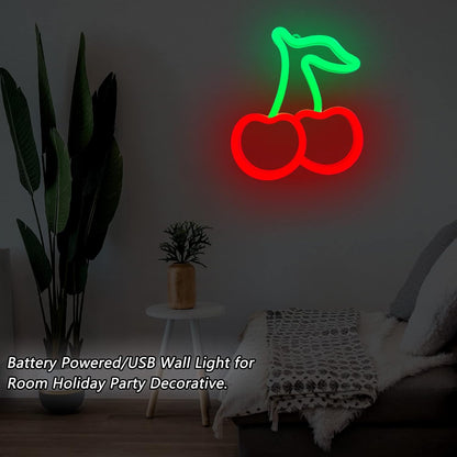 Cherry Neon Sign - Thoughtful Housewarming Gift for Women, Battery Operated LED Decor