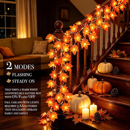 Child Friendly Autumn Garland for Mantel and Staircase – Flameless LED, Cool Surface