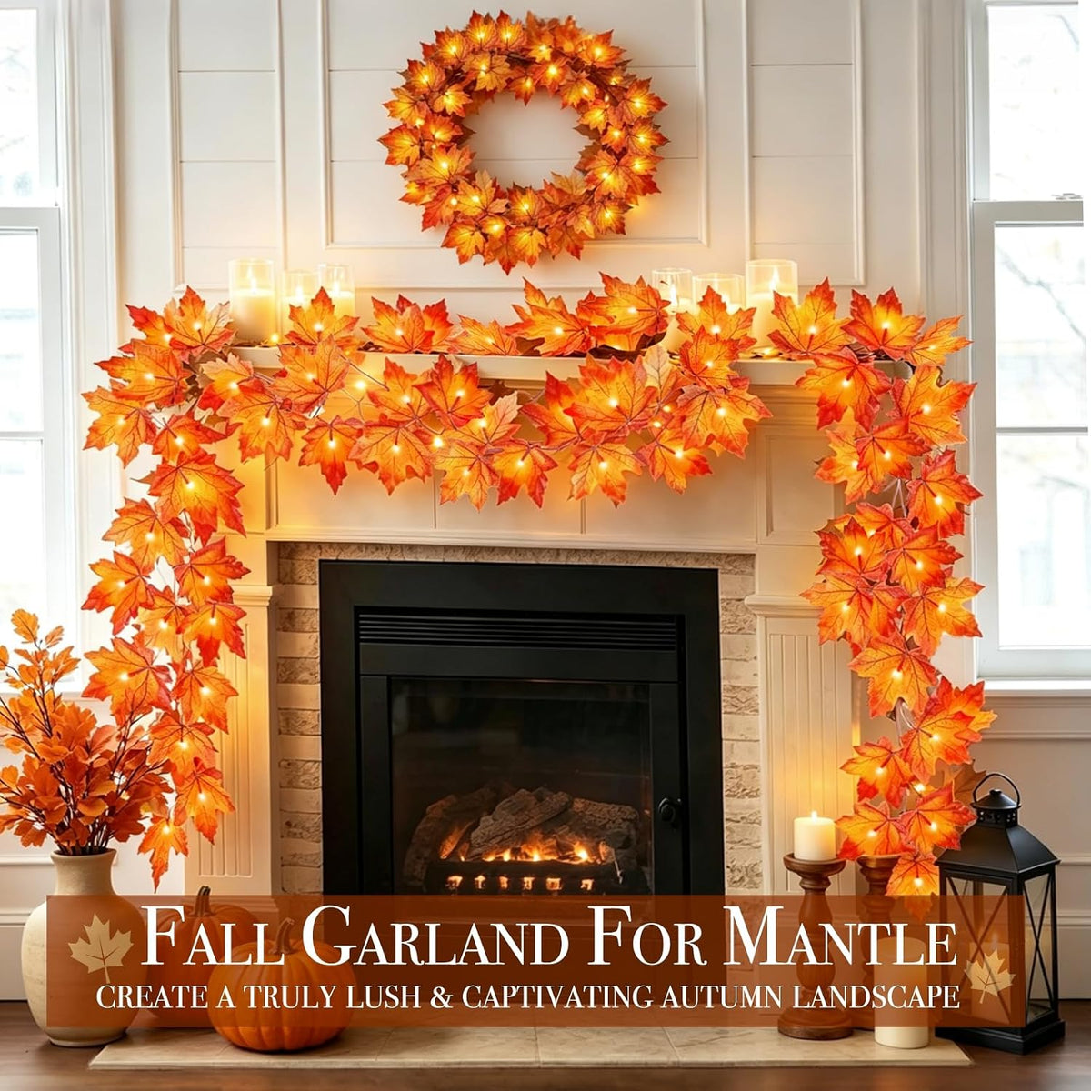 Child Friendly Autumn Garland for Mantel and Staircase – Flameless LED, Cool Surface