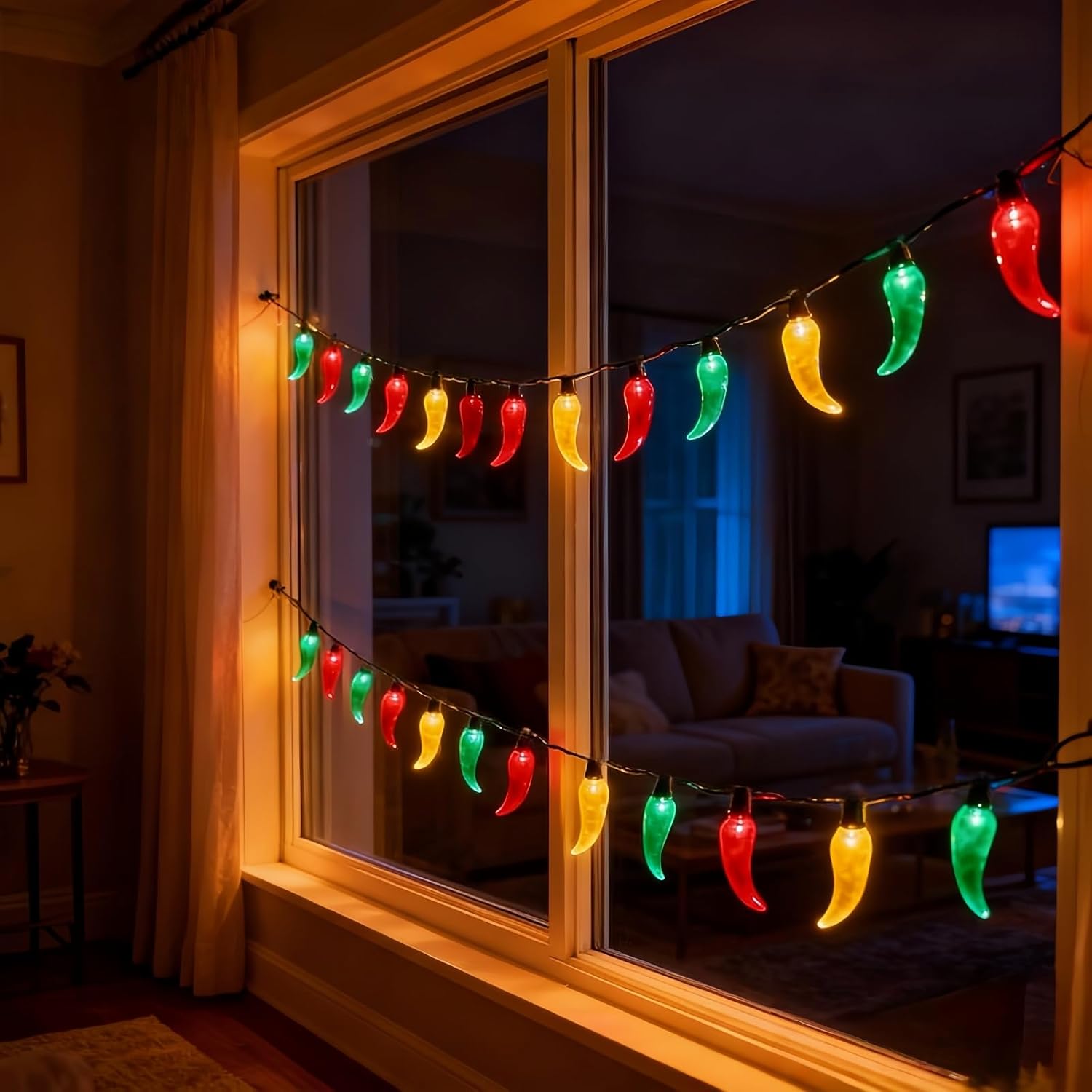 Chili Lights Co. Red Green Yellow Chili String Lights – Mantel and Stair Railing Decor, Year Round Home Accent Lighting