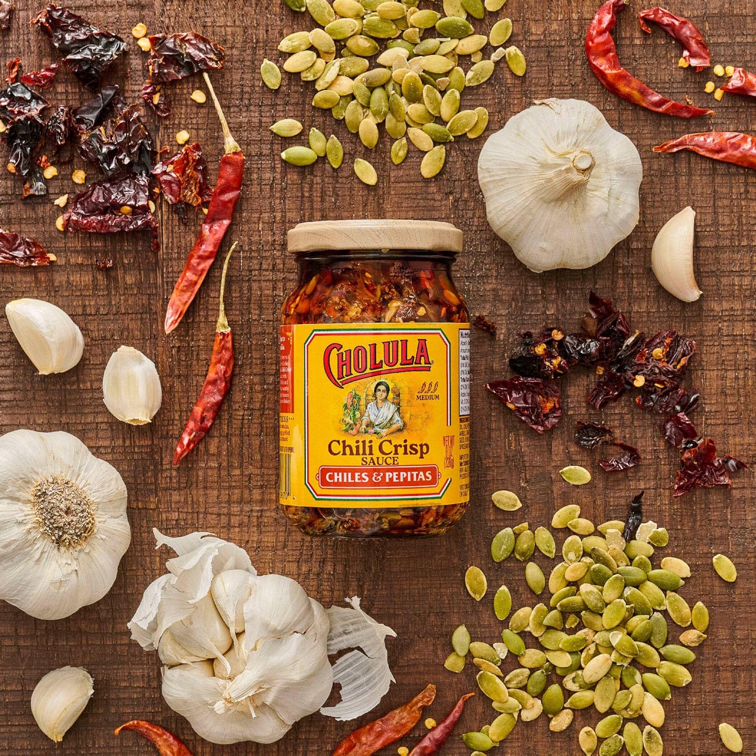 Cholula Chiles & Pepitas Chili Crisp – Sunflower Oil Based Topping for Mindful Weeknight Cooking, 8 oz