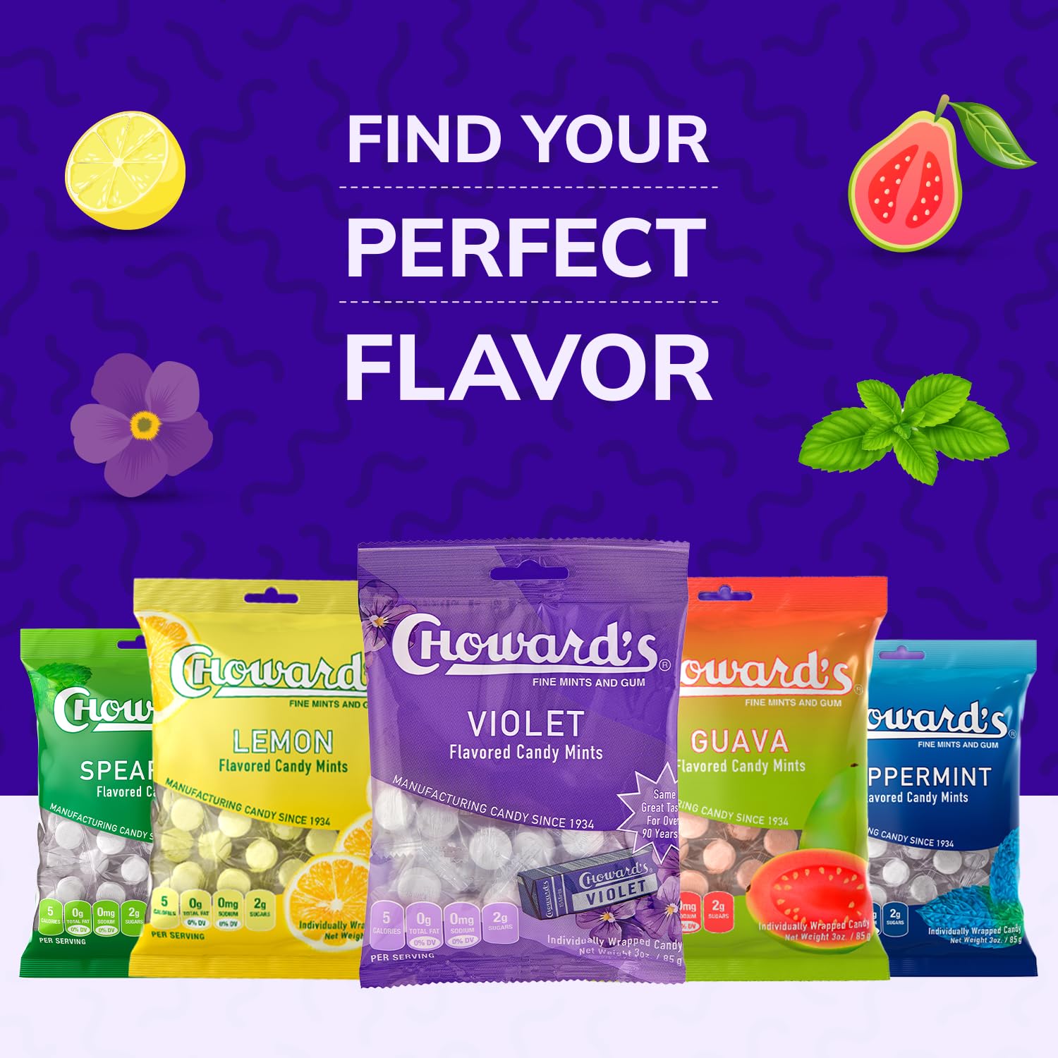 Choward's Violet Mints Candy Bag – Picnic and Outdoor Dining Treat, 3 Pack of 49 Individually Wrapped Heritage Mints