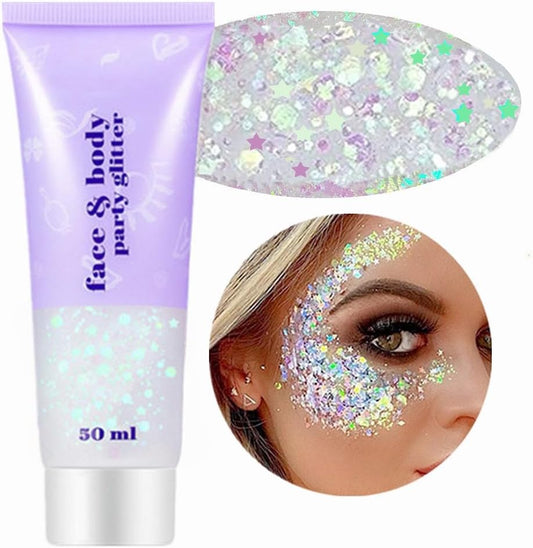 clear gel base with chunky and fine hexagonal glitter blend for layered holographic coverage