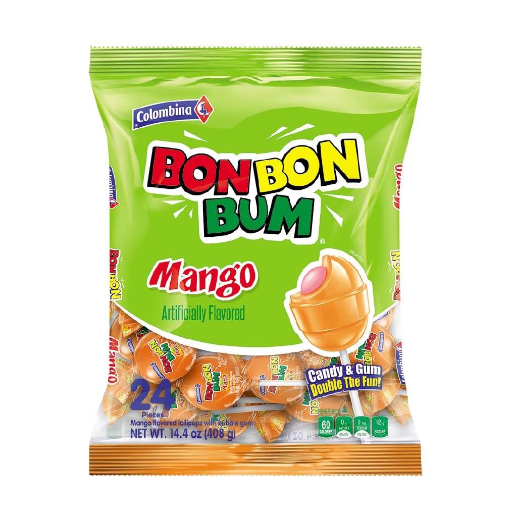 Colombina Bon Bon Bum Suckers – Individually Wrapped Mango and Tropical Flavors Safe for Playroom Snack Drawers and Birthday Parties
