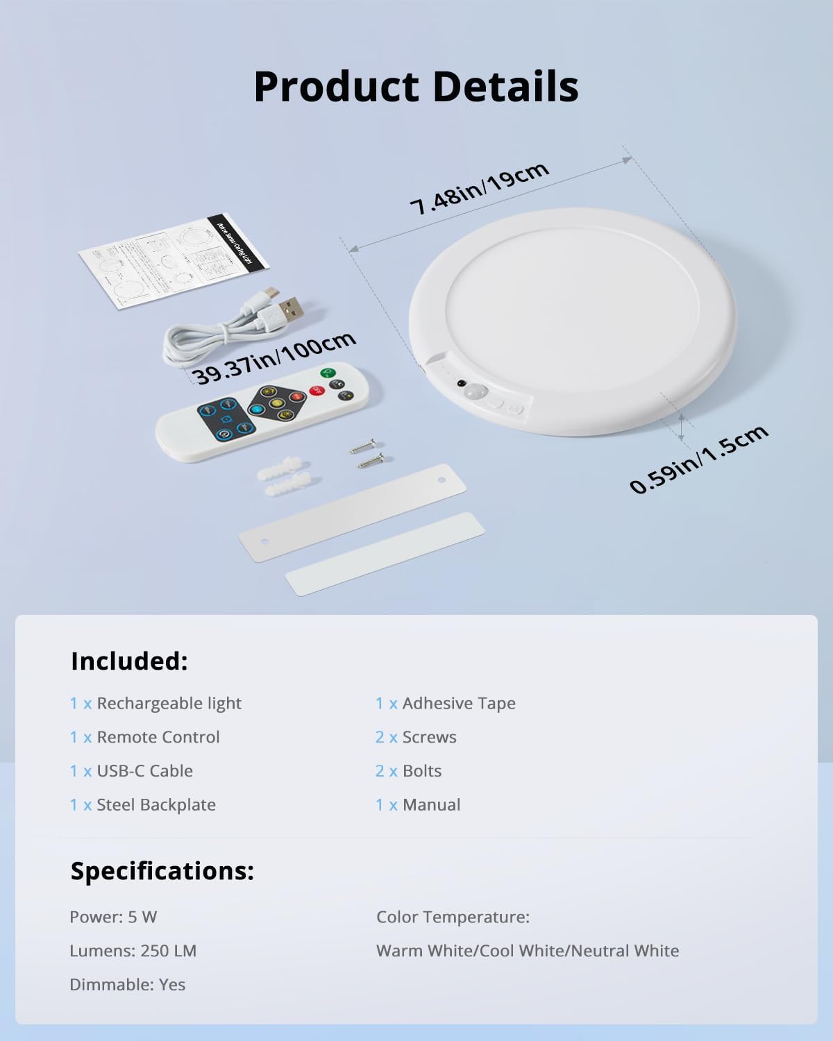 Combuh Wireless Snap-On Ceiling Light – Travel-Ready Overhead Fixture for Campervan Storage, Sheds, and Outdoor Dining Tents