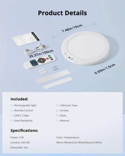 Combuh Wireless Snap-On Ceiling Light – Travel-Ready Overhead Fixture for Campervan Storage, Sheds, and Outdoor Dining Tents