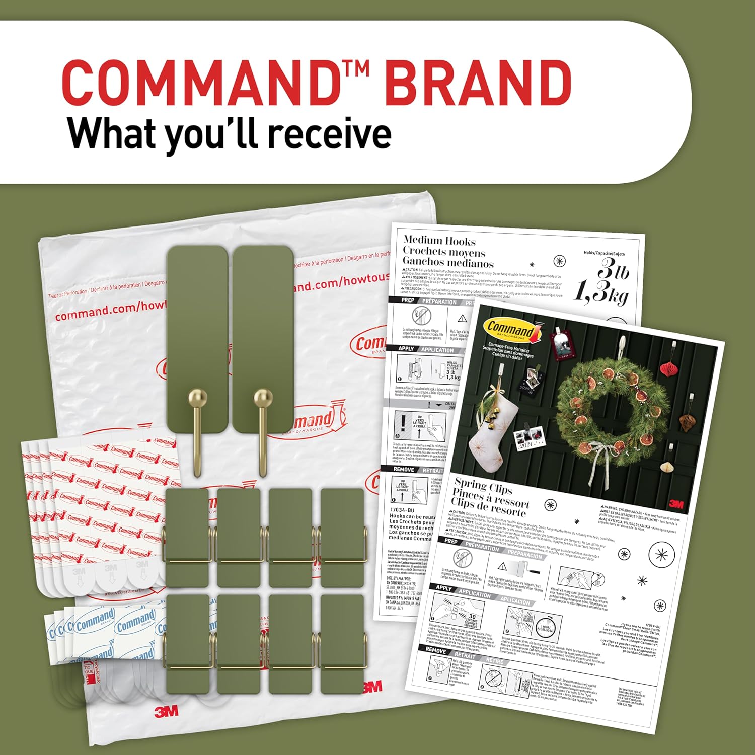 Command Child and Pet Friendly Hook Pack in Sage, Adhesive Hooks and Clips for Safe Christmas Wall Decorating