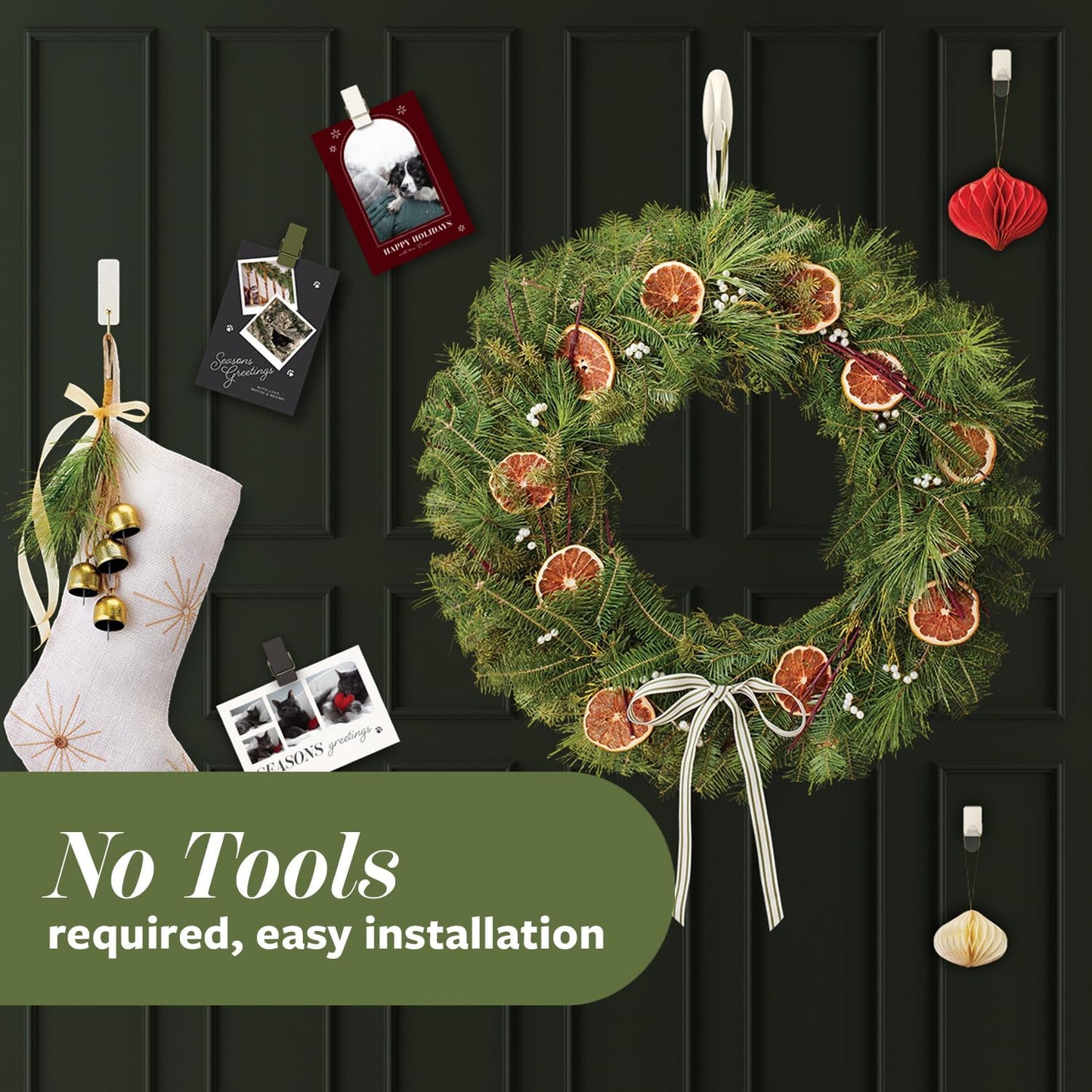 Command Child and Pet Friendly Hook Pack in Sage, Adhesive Hooks and Clips for Safe Christmas Wall Decorating