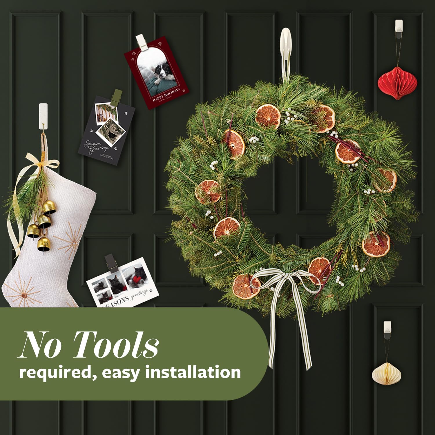 Command Child and Pet Friendly Hook Pack in Sage, Adhesive Hooks and Clips for Safe Christmas Wall Decorating