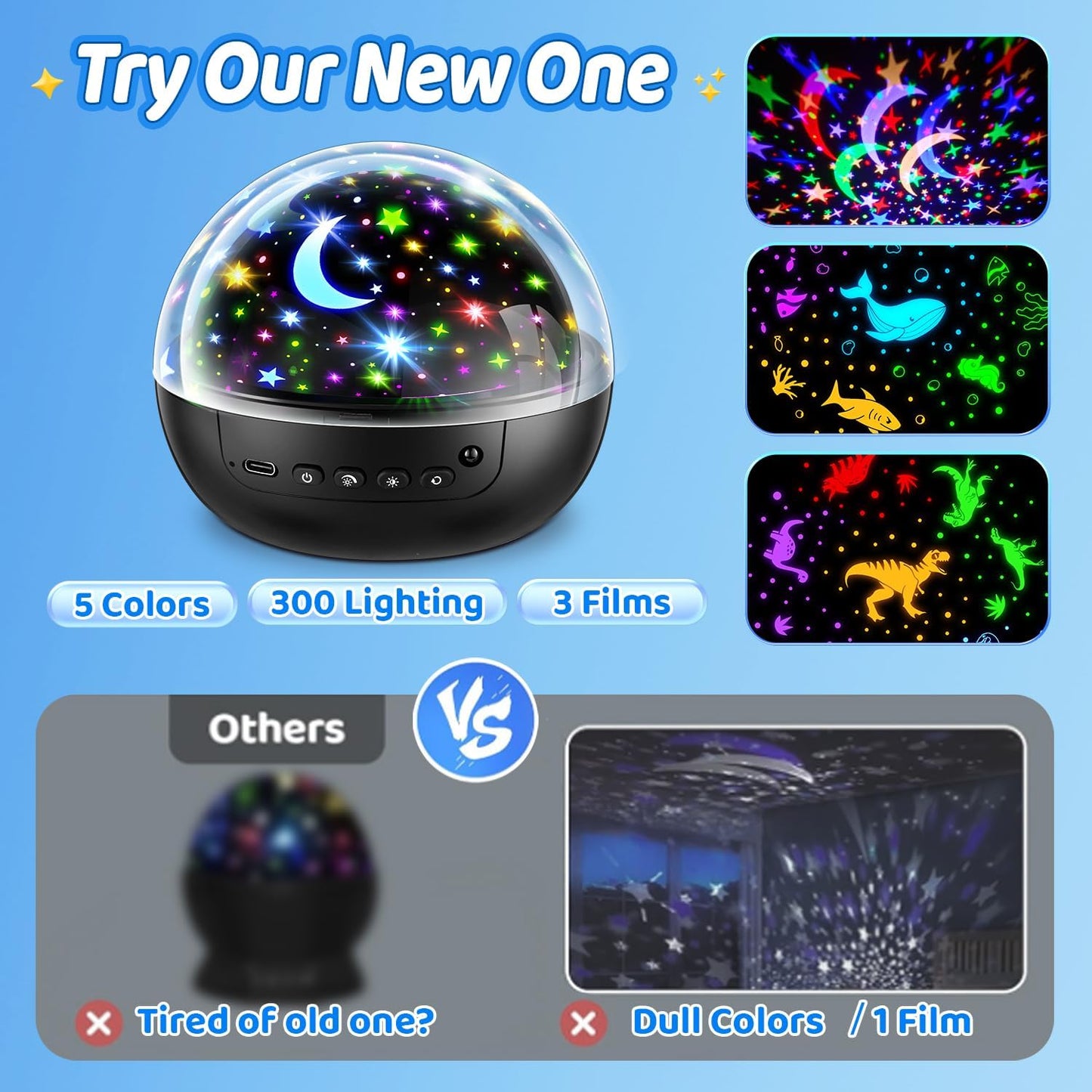 COOLNIGHT Dinosaur Night Light – Unique Holiday Gift for Kids, 3 Films and 5 LED Colors