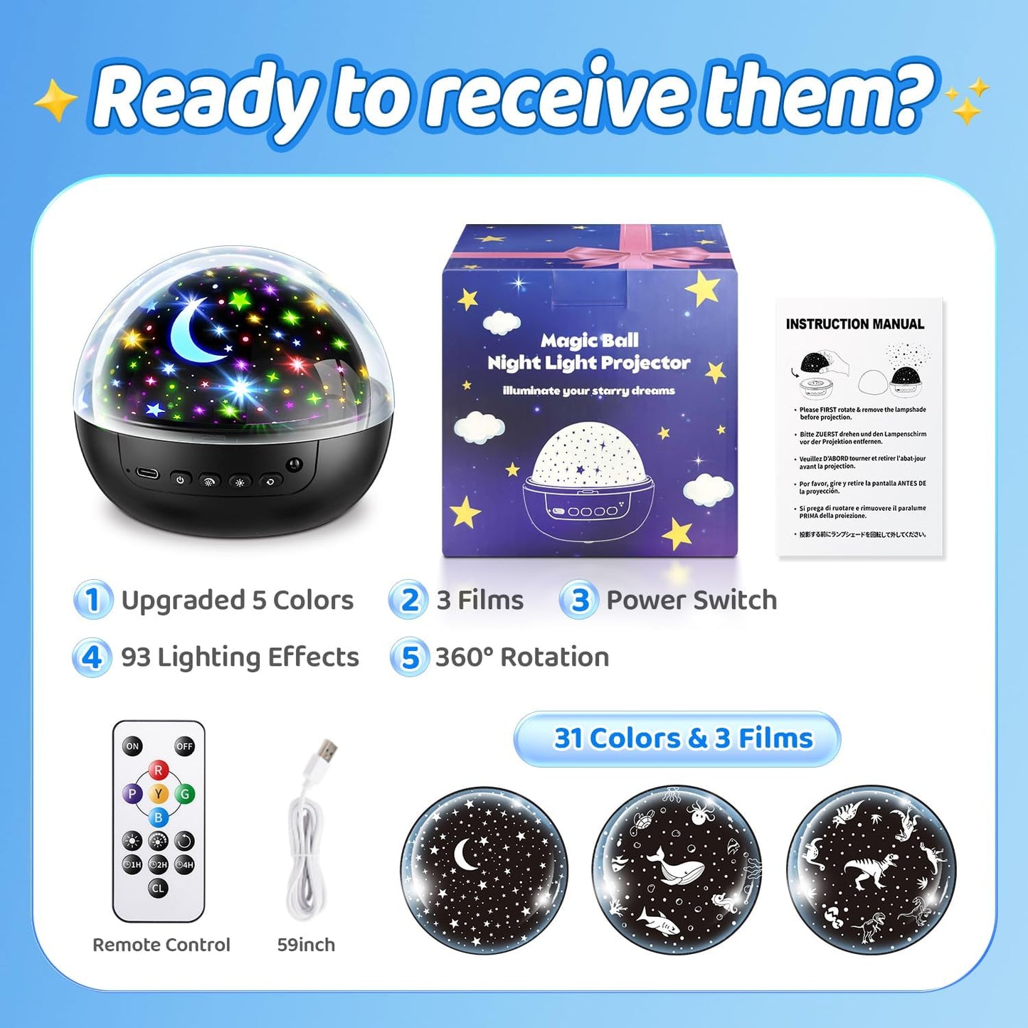 COOLNIGHT Dinosaur Night Light – Unique Holiday Gift for Kids, 3 Films and 5 LED Colors