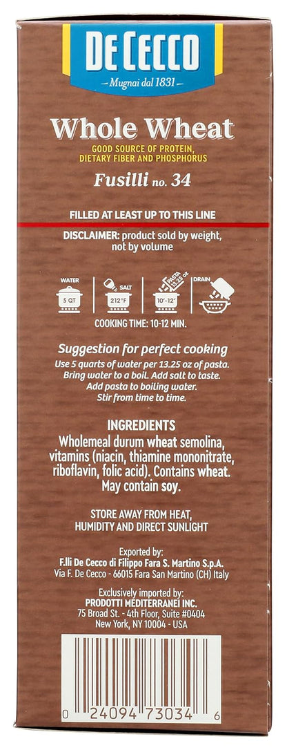 De Cecco Whole Wheat Fusilli – Light-on-the-Stomach Whole Grain Pasta for Wellness Routines
