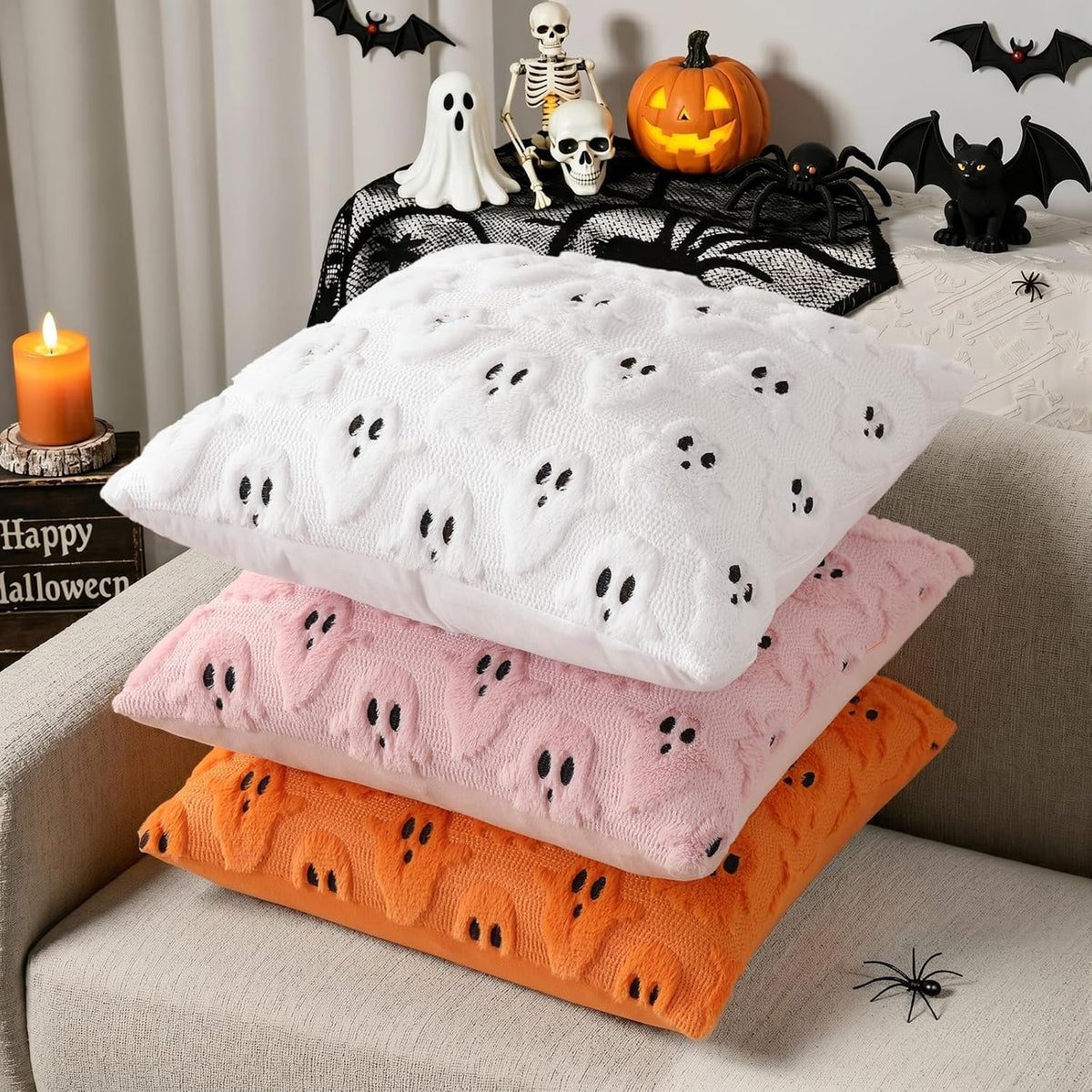decorUhome Soft Faux Fur Ghost Pillow 18x18 Set of 2 – Child-Friendly Nursery Sofa Accent, No-Small-Parts Family Decor