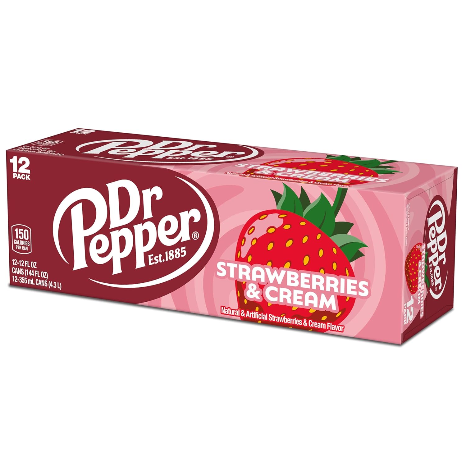 Dr Pepper Strawberries & Cream Zero Sugar 12-Pack – Lower-Sugar Family Soda for Lunchtime, Snacks, and Game Room