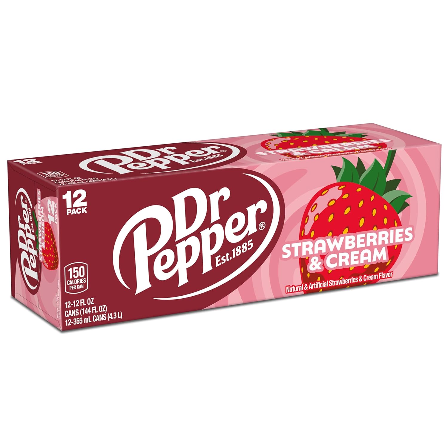 Dr Pepper Strawberries & Cream Zero Sugar 12-Pack – Lower-Sugar Family Soda for Lunchtime, Snacks, and Game Room