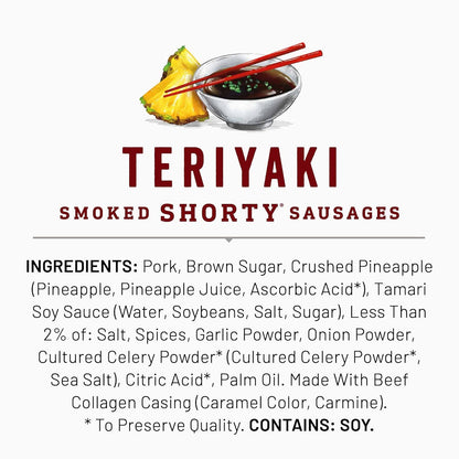 Duke's Pork Teriyaki Smoked Shorty Sausages – Quiet, Slow-Chew Snack for Home Office Focus, 5 oz